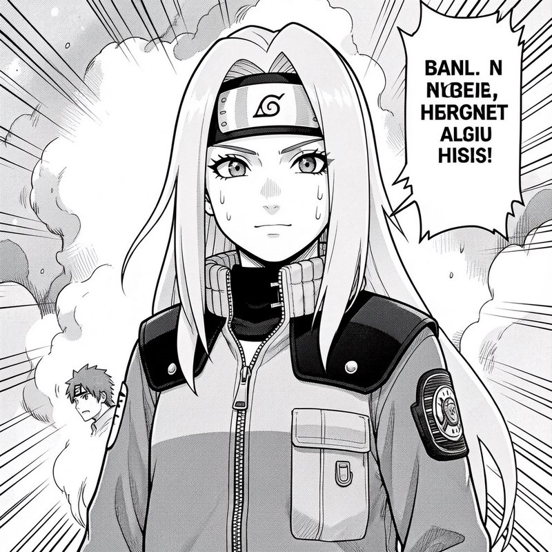 [Monochrome Naruto-style manga panel of a sweating female Konoha ninja, battle smoke and speed line background]