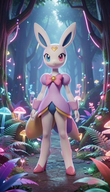 3D stylized anthropomorphic rabbit fantasy character standing in a glowing bioluminescent enchant...