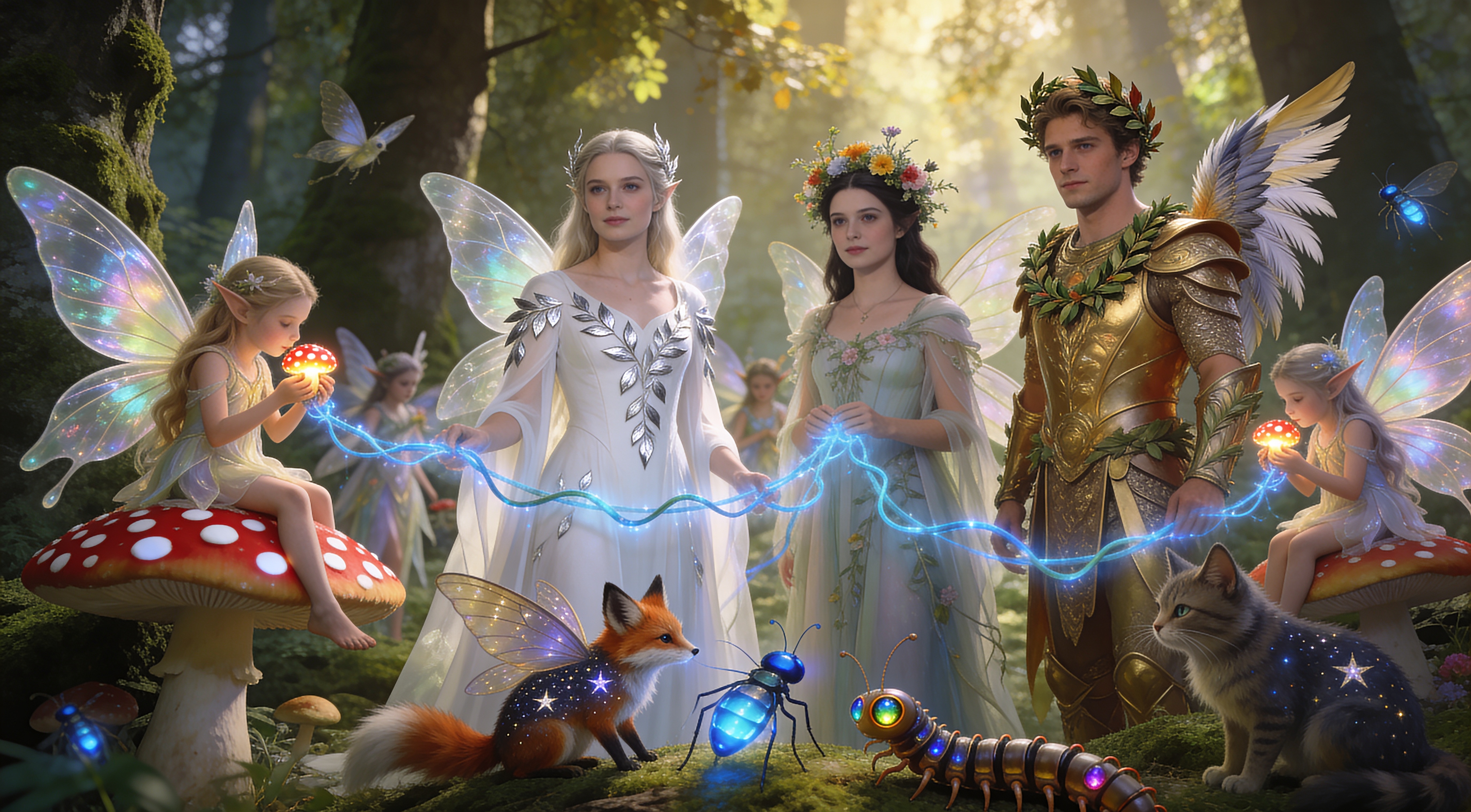 Fantasy scene with winged fairies and three noble guardians in a sunlit forest.