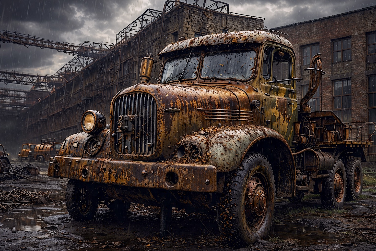 Rusted vintage truck in an abandoned industrial yard with a weathered factory backdrop.