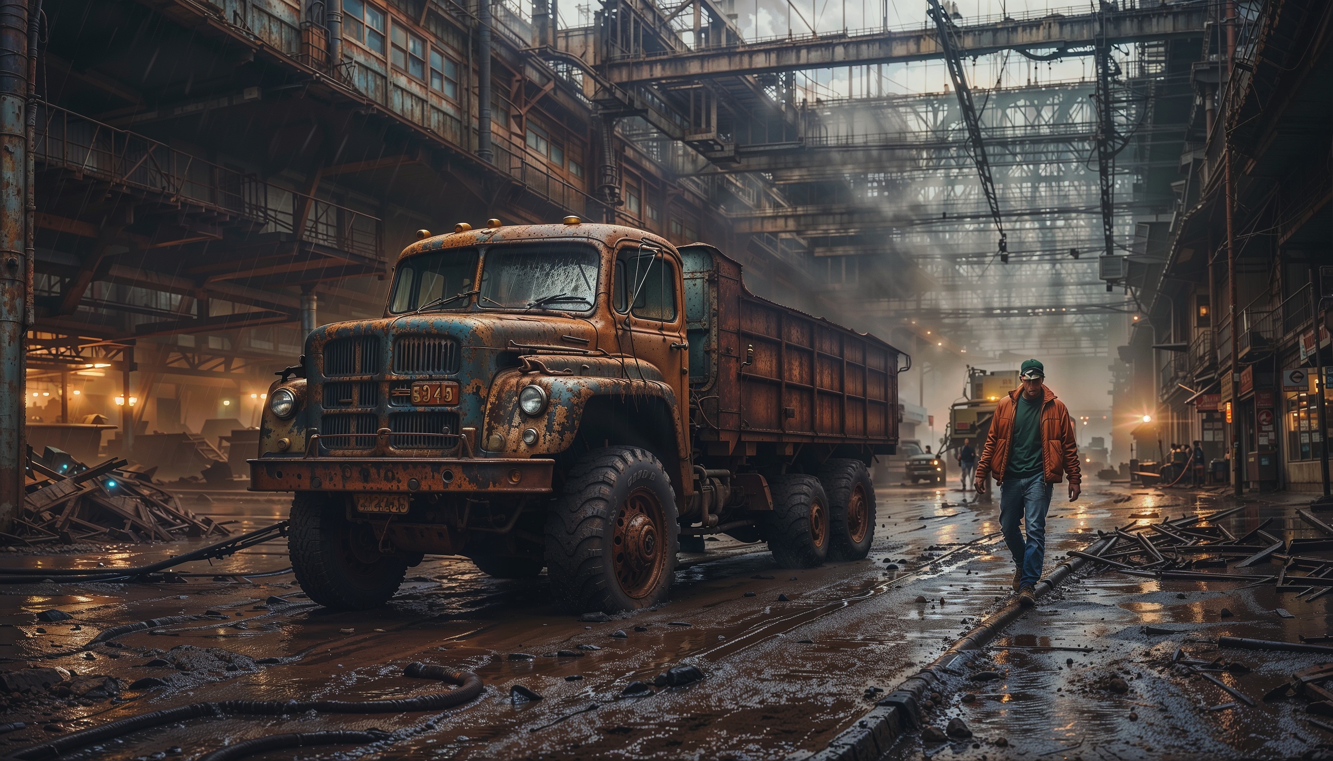 Rusty old dump truck in a dim industrial yard with a man walking among debris.