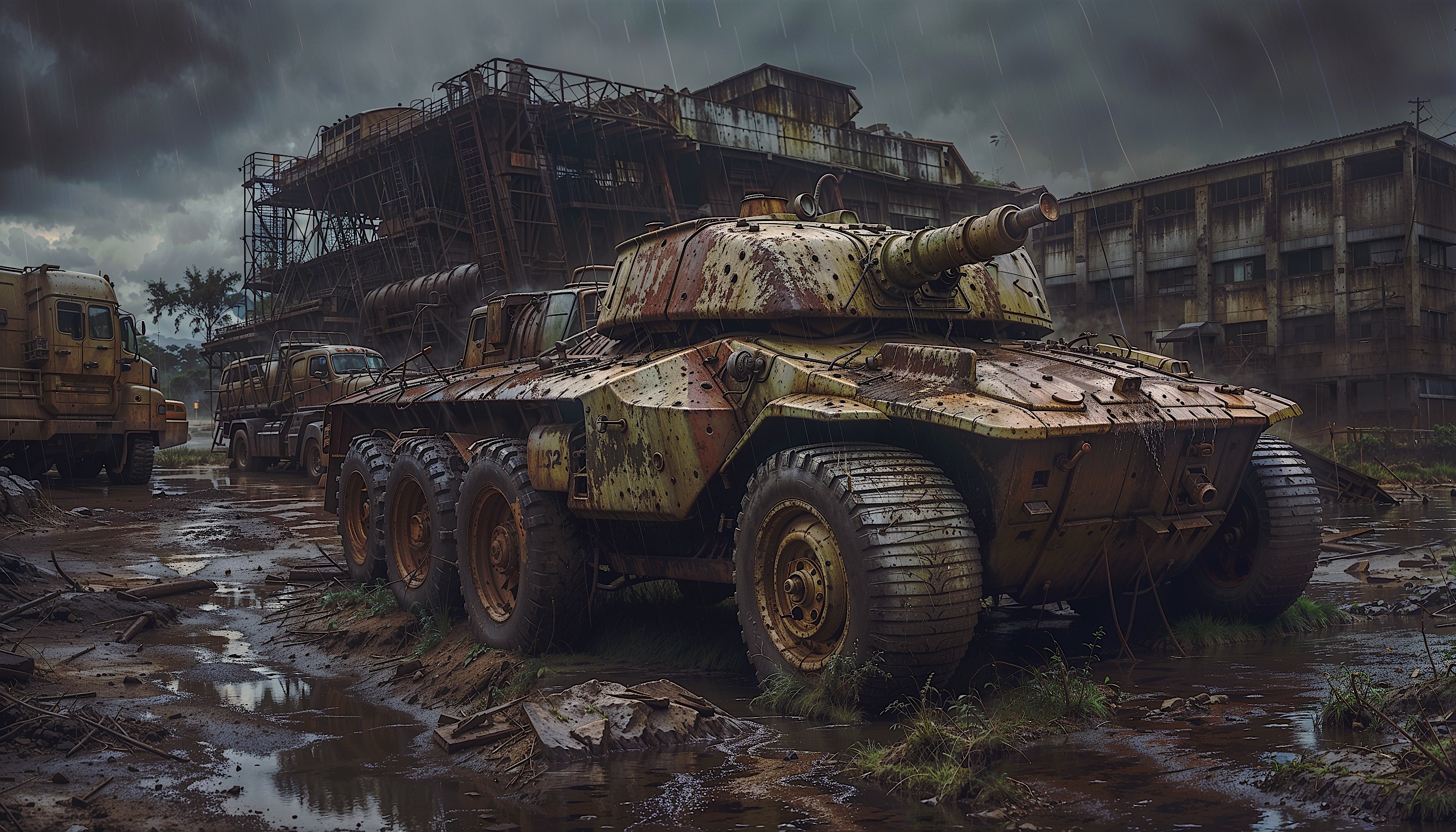 Rusty armored tank in a rainy, muddy industrial yard with abandoned buildings.