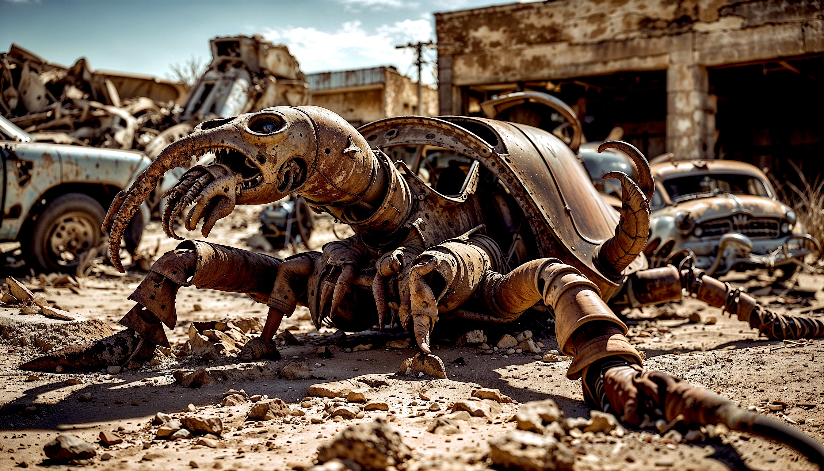 Rusty, abandoned robotic scorpion in a desert junkyard with old cars and dilapidated buildings