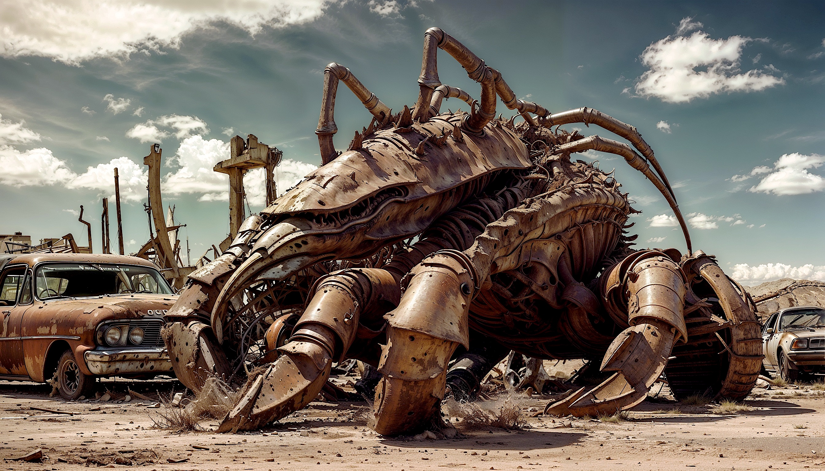 Giant rusted mechanical scorpion in a desert junkyard among abandoned cars