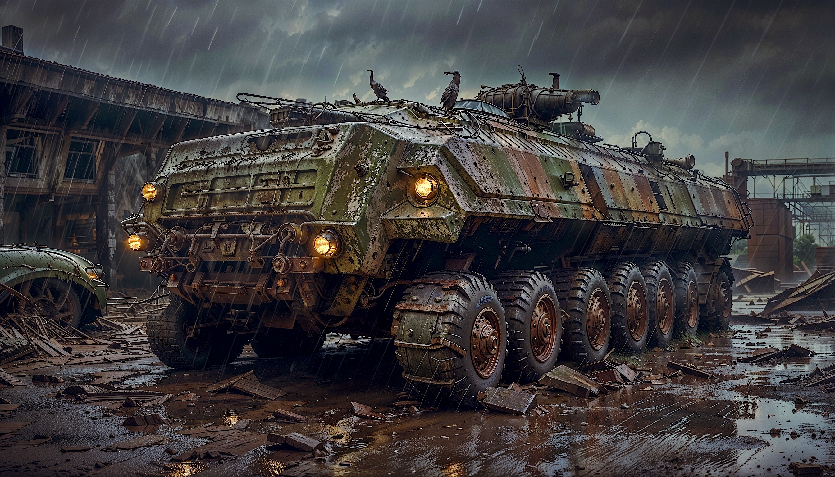 Rain-soaked armored vehicle in an industrial ruin with rugged camouflage and muddy terrain.