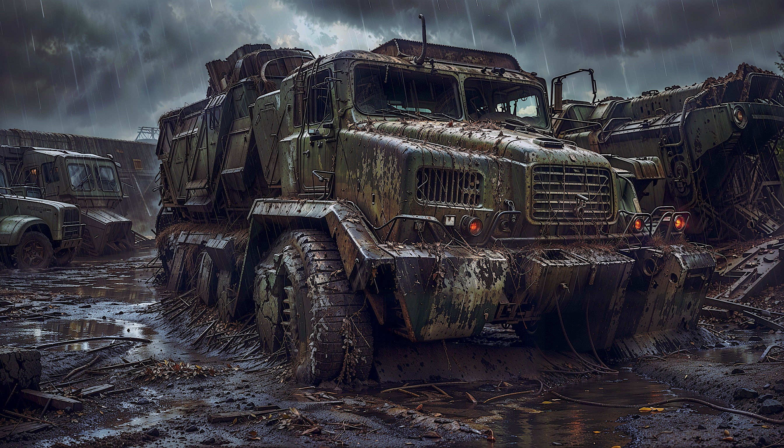 Weathered military trucks sit abandoned in a muddy depot beneath a stormy sky.