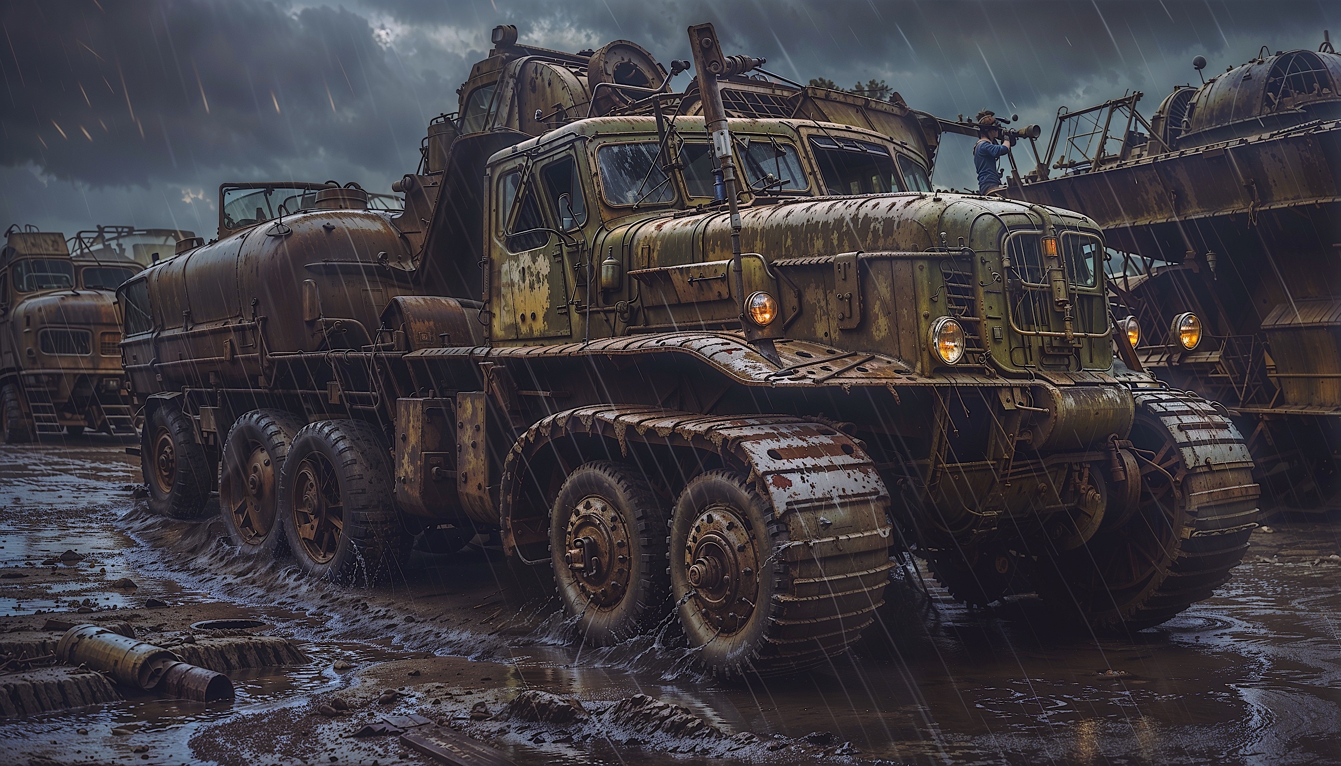 A weathered, rusted military truck in a muddy scrapyard during rain, with other heavy vehicles in the background.