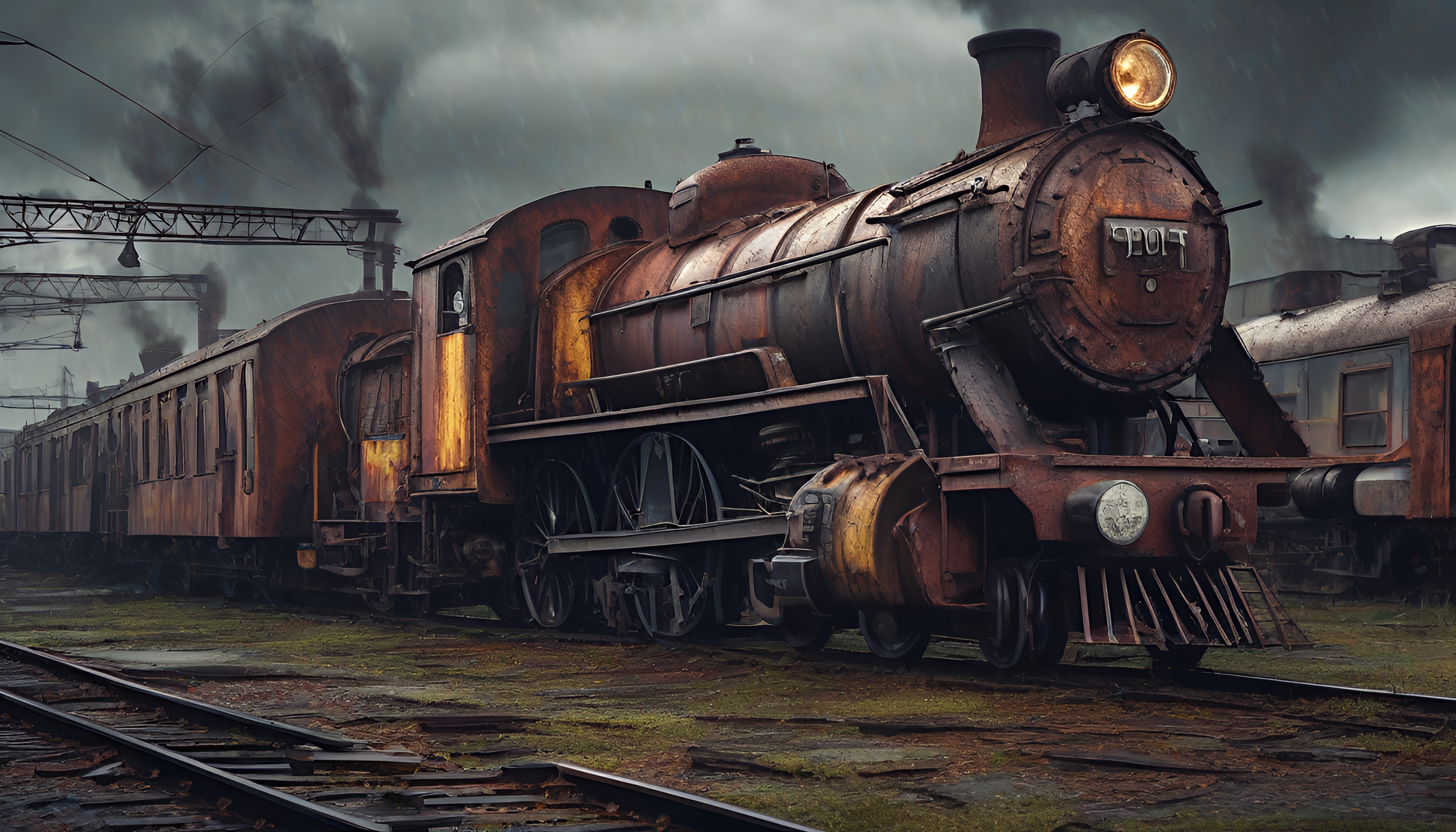 Rusty vintage steam locomotive on tracks with weathered carriages under a stormy sky.