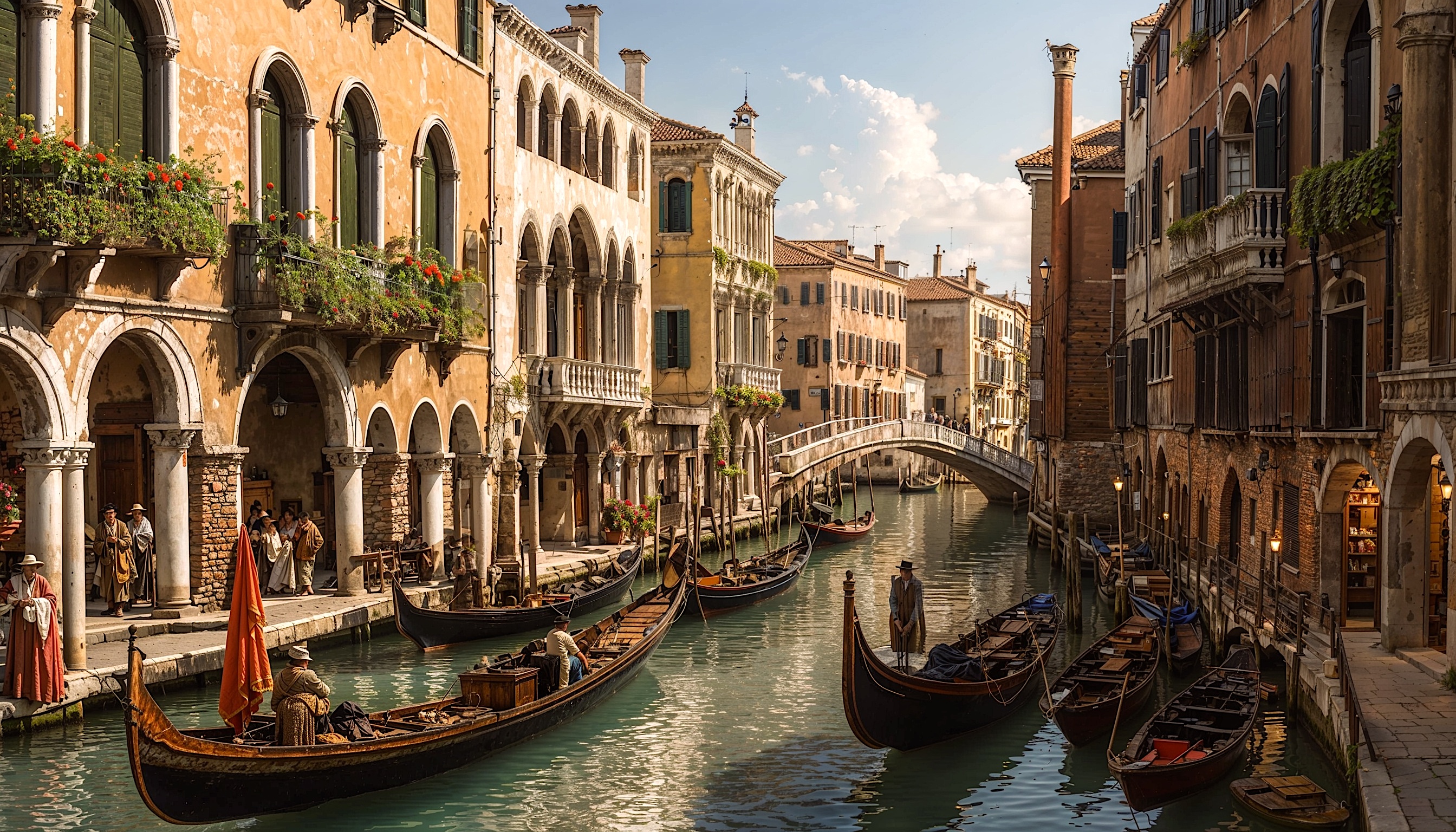 Venice canal with gondolas and historic arched buildings along a sunlit waterway.