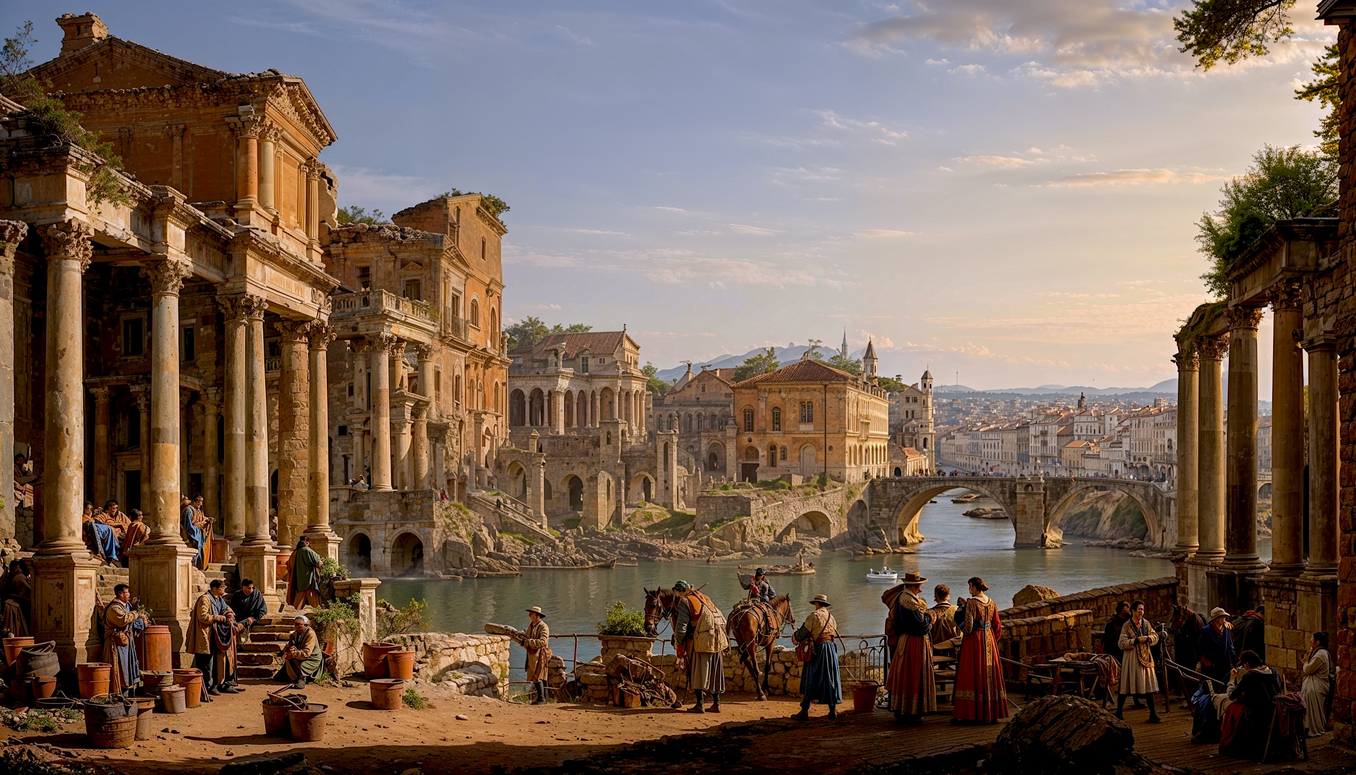 Ancient ruined city by a river with columned temples and an arched bridge at sunset, people in period clothing exploring t...