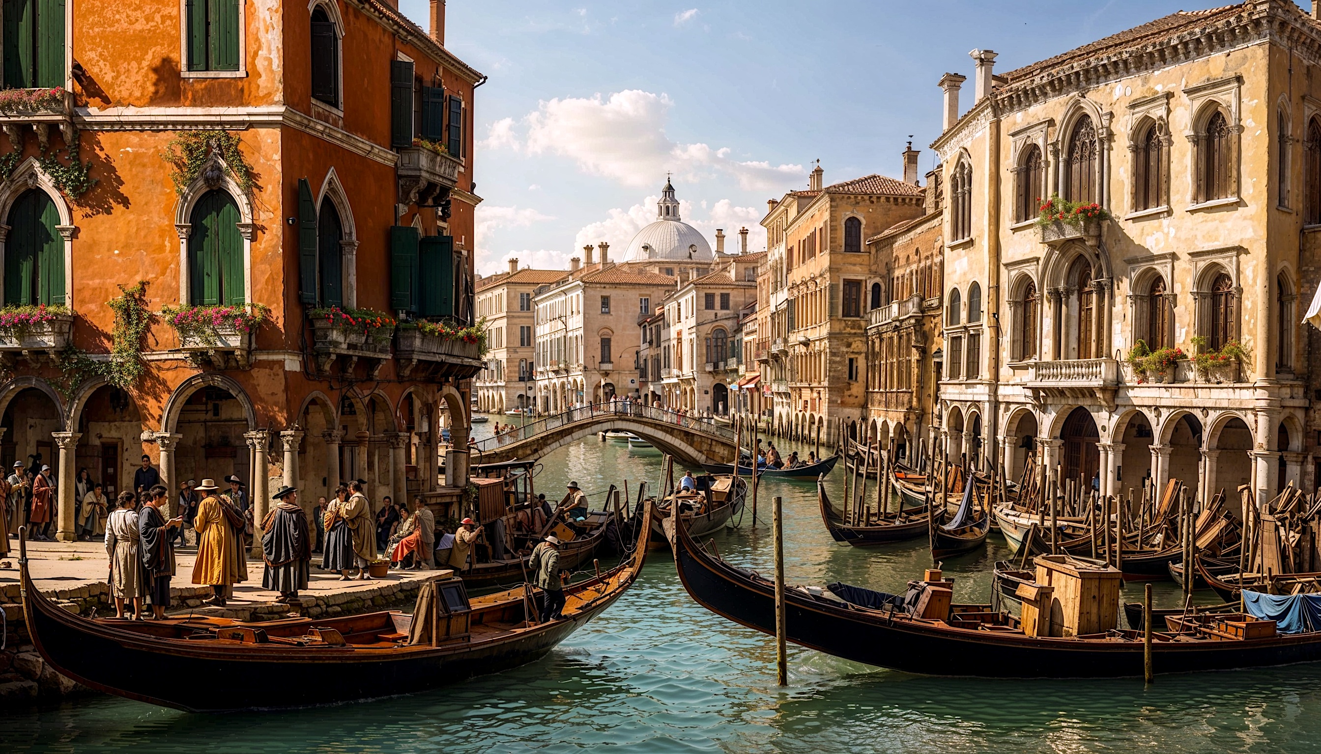 Gondolas glide along a sunny Venetian canal lined with colorful historic buildings.