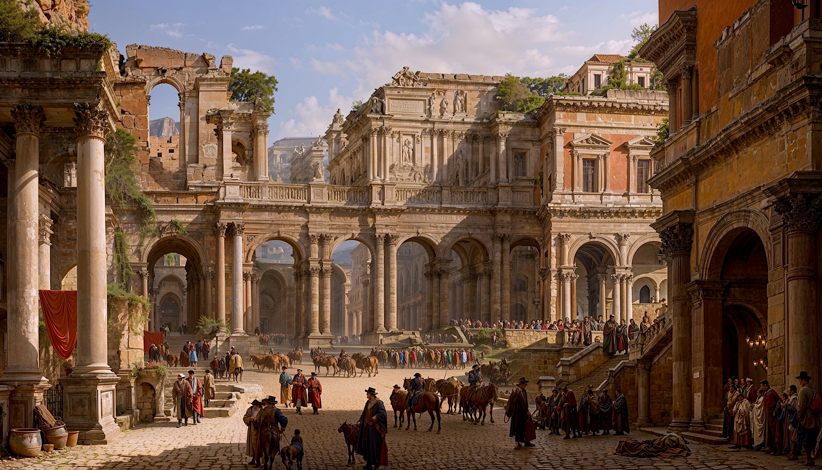 Ancient Roman-style ruins with arches and colonnade, bustling square scene with people and horses.
