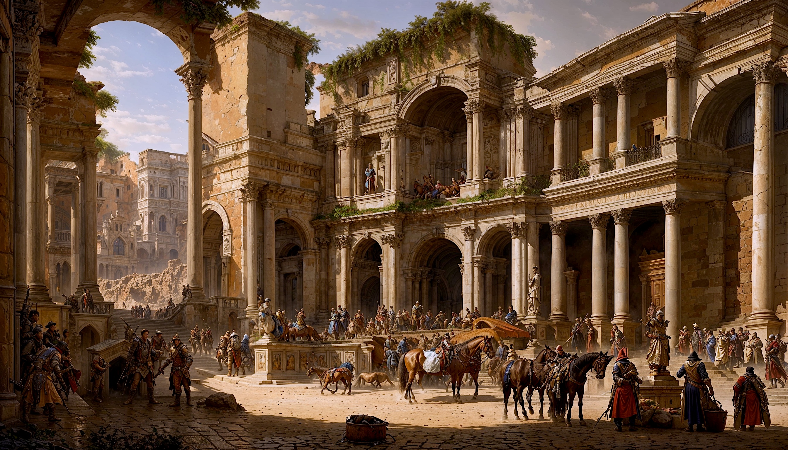 Ancient Roman-style ruins with arches and columns, a busy square with people and horse-drawn carts.