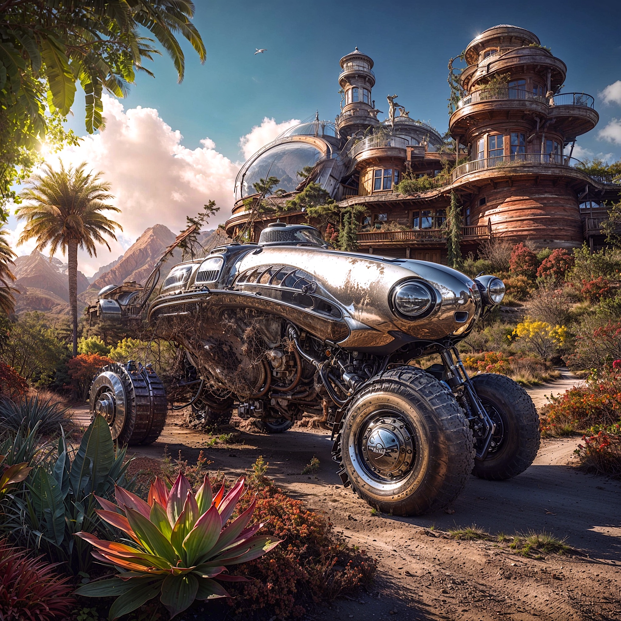 Elaborate steampunk off-road vehicle parked before a whimsical tiered mansion in a sunlit tropical mountain setting