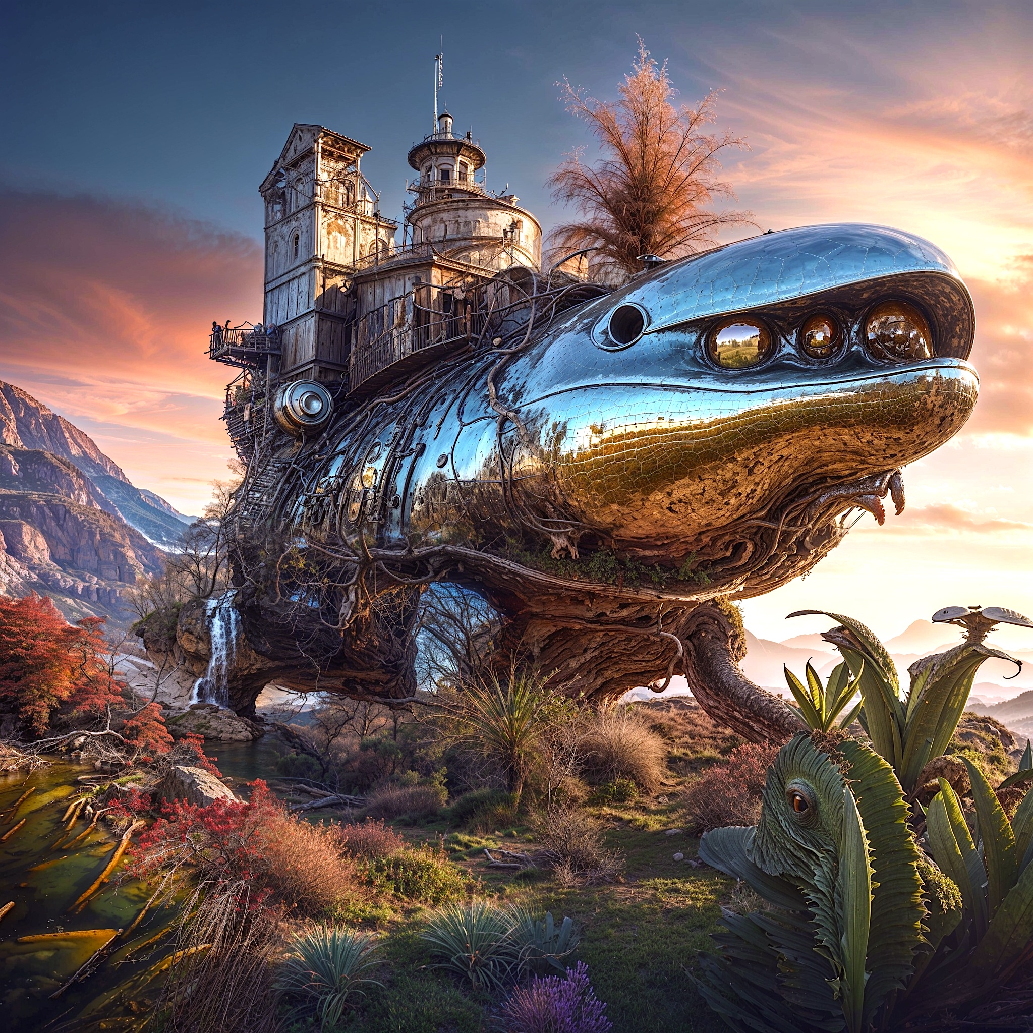 Surreal steampunk fish-shaped mobile home stands in a mountain valley at golden sunset