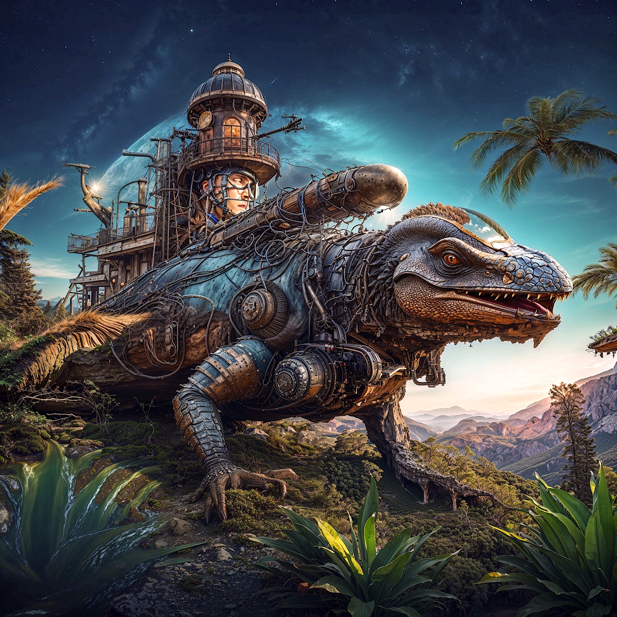 Steampunk biomechanical lizard beast with integrated pilot tower stands in a lush alien mountain valley under a starry sky