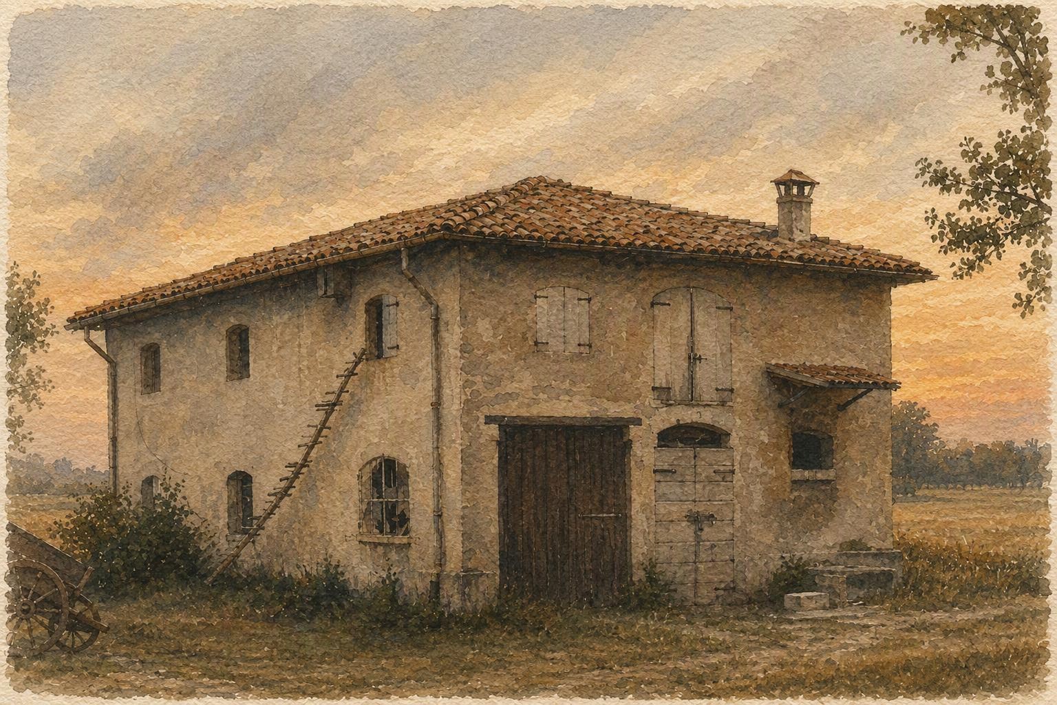 Weathered rustic stone farmhouse with terracotta tile roof stands in a rural field at golden sunset