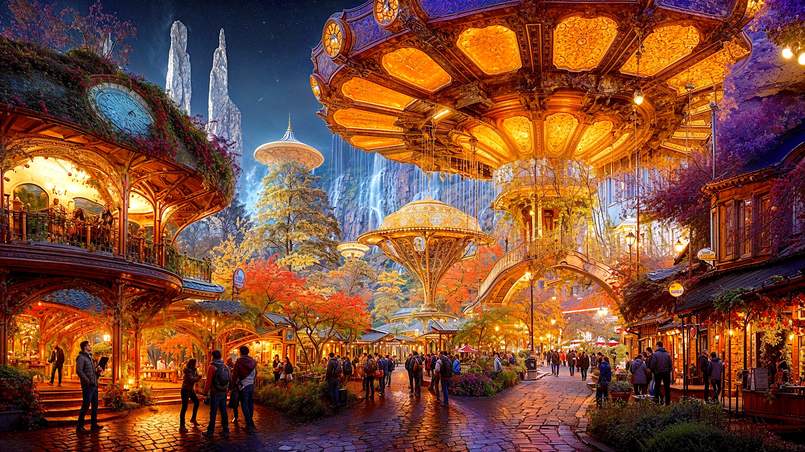 Bustling ornate steampunk fantasy market square glowing with warm light under a twilight starry sky