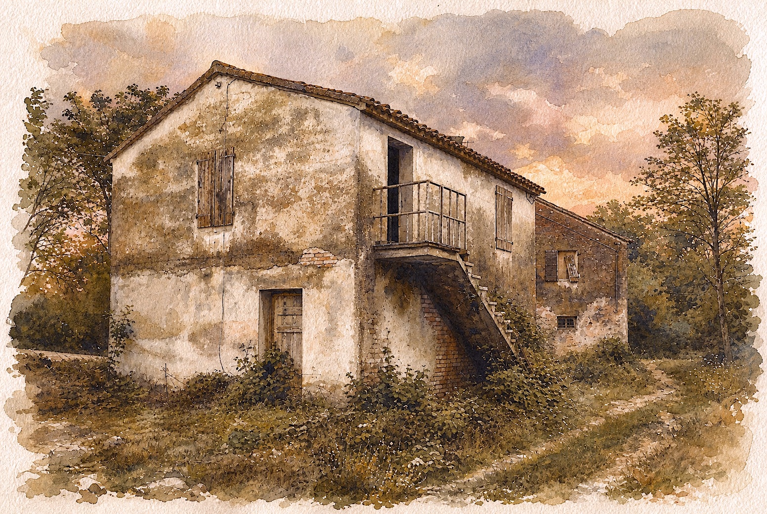Atmospheric watercolor painting of a weathered abandoned rural farmhouse at golden hour sunset