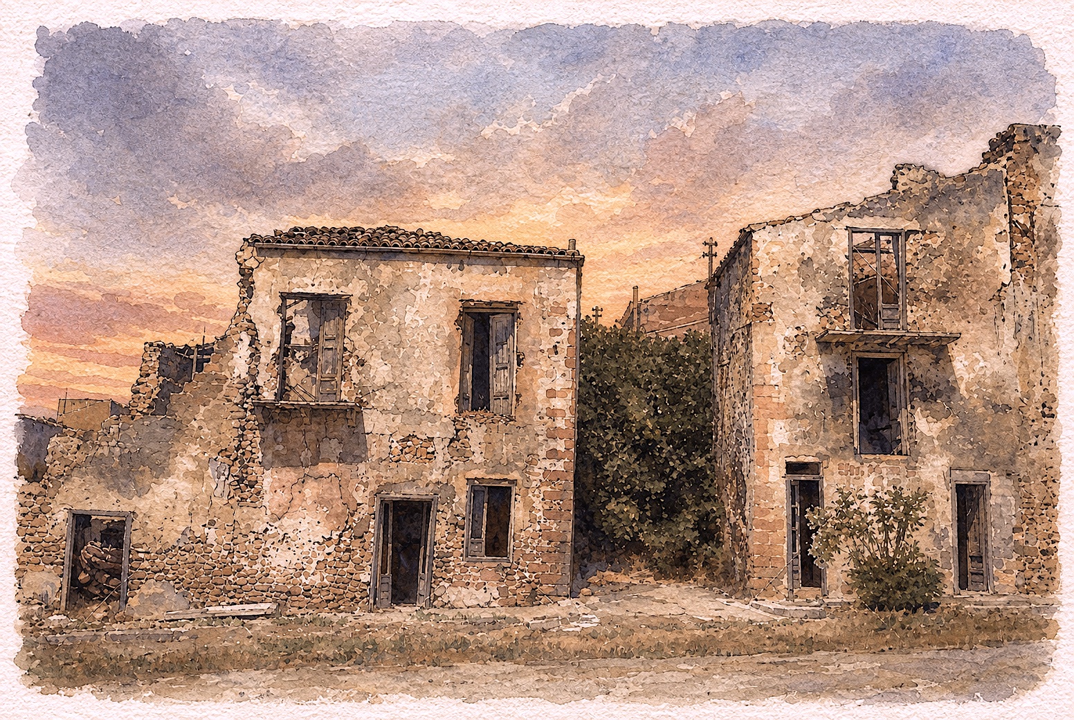 Watercolor painting of crumbling abandoned stone buildings beneath a warm sunset sky