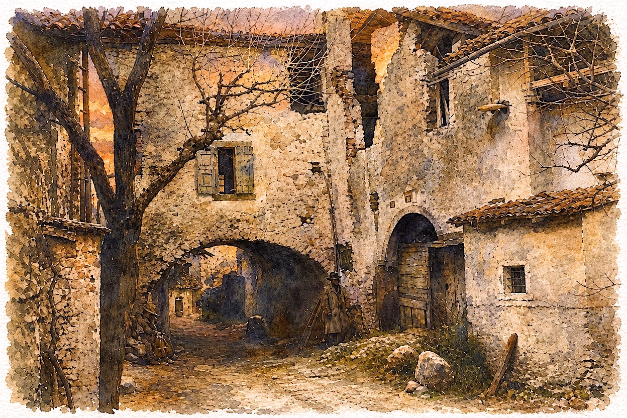 Atmospheric watercolor of crumbling historic stone village ruins beside a bare tree at warm golden sunset