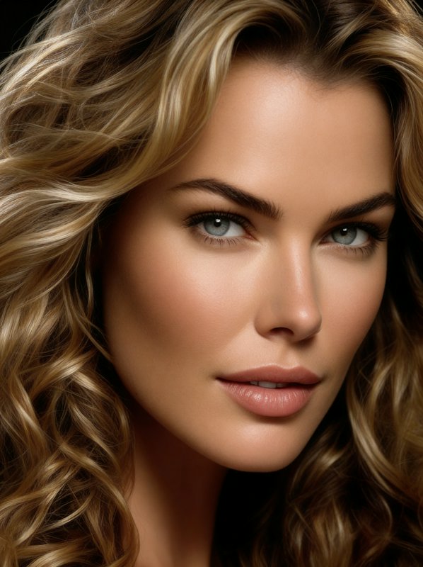 Close-up portrait of a blonde woman with wavy hair and blue eyes.