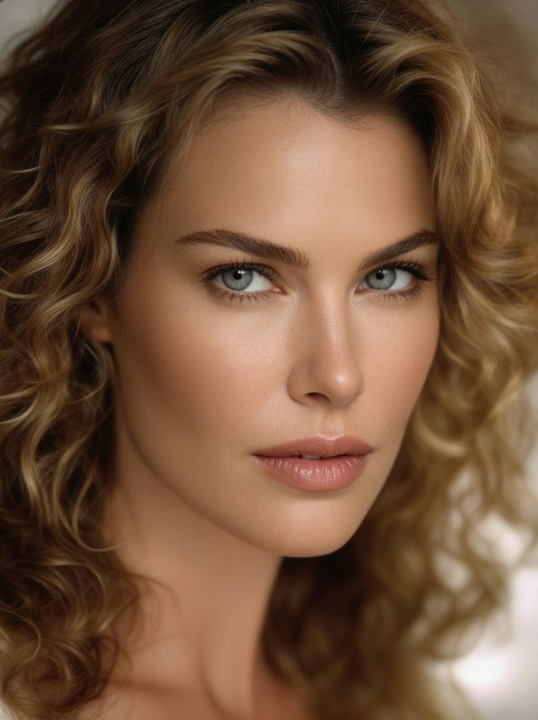 Close-up portrait of a woman with blue eyes, wavy blonde hair and soft makeup.