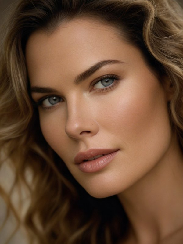 Close-up portrait of a woman with blue eyes, soft makeup and wavy light-brown hair.