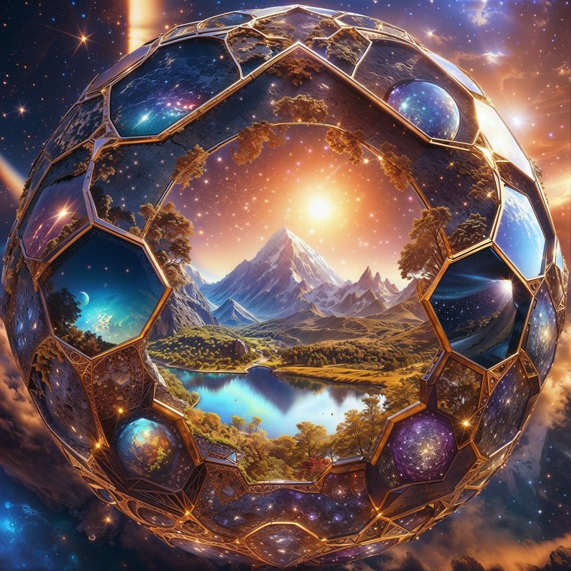 A futuristic glassy geodesic sphere with landscape panels including mountains, lakes, and space scenes.