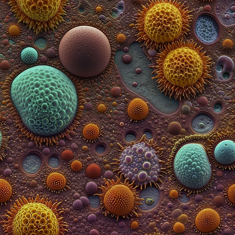 Colorful microscopic cells and pollen-like structures in an abstract, textured scene.