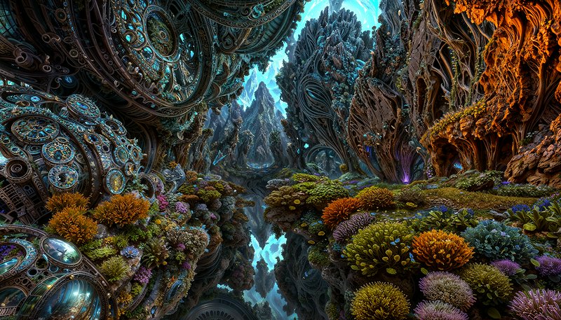 Intricate alien canyon with ornate mechanical architecture and vibrant coral-like plants.