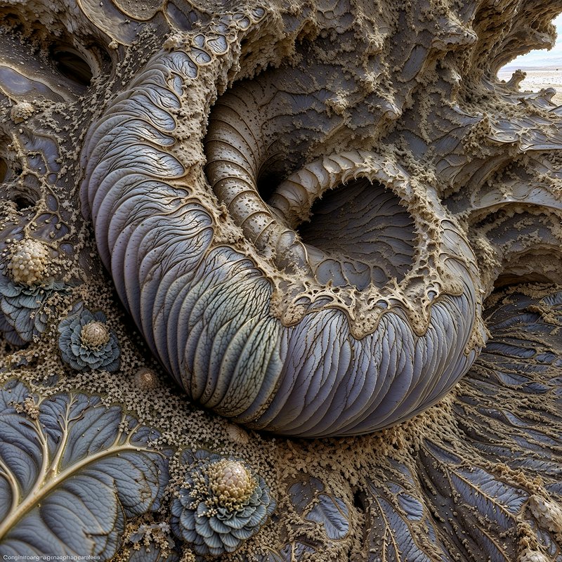 Macro fractal sculpture with blue-gray spiraling ridges and beige textured edges.