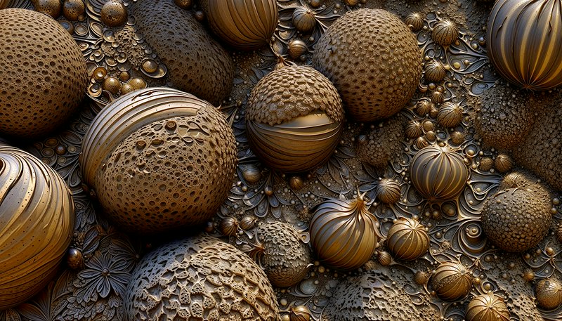 Gold and bronze textured abstract spheres with intricate patterns in a dense, ornate field