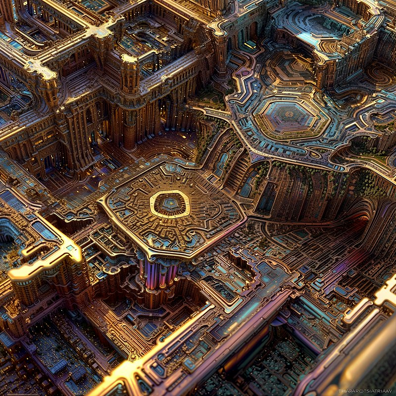 Intricate golden-blue fractal cityscape with interconnected hexagonal platforms
