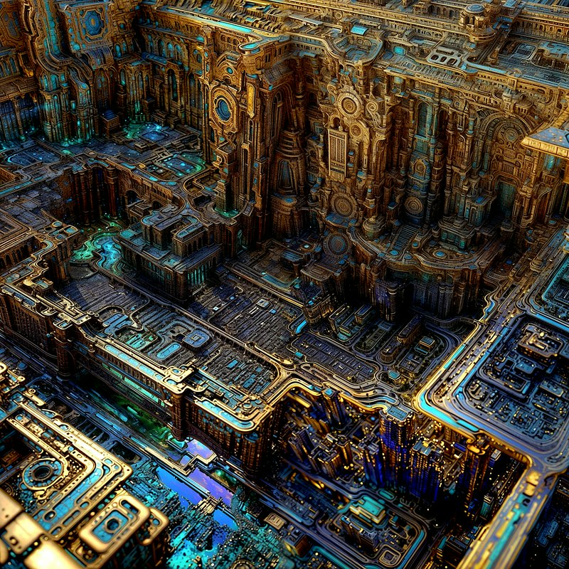 Intricate futuristic cityscape with gold and blue metallic structures and elevated walkways.