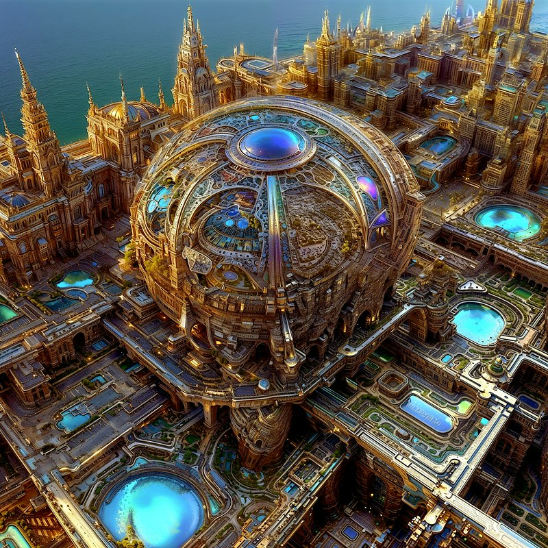 Futuristic golden cityscape with a massive ornate domed central sphere overlooking the sea.