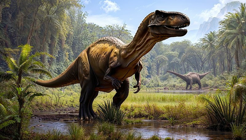 Large theropod dinosaur in a lush prehistoric swamp with a distant long-necked dinosaur in the jungle.