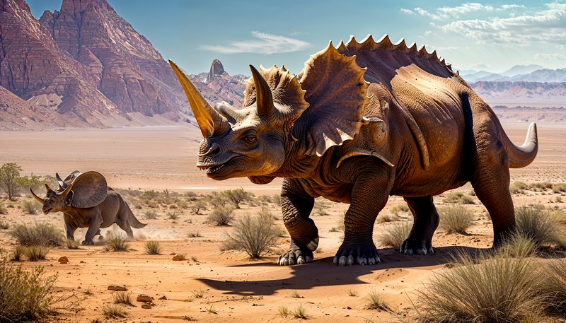 Two large horned dinosaurs (likely ceratopsids) roam a desert landscape with distant mountains under a clear blue sky.