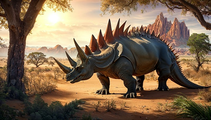 A stegosaurus-like dinosaur with tall back plates strolling across a sunlit desert savanna.