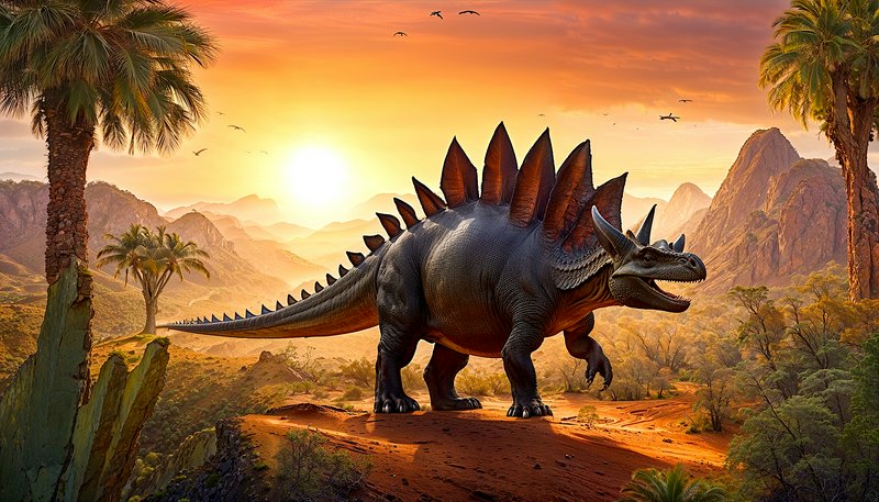Stegosaurus dinosaur in a vibrant desert canyon at sunset with palm trees.