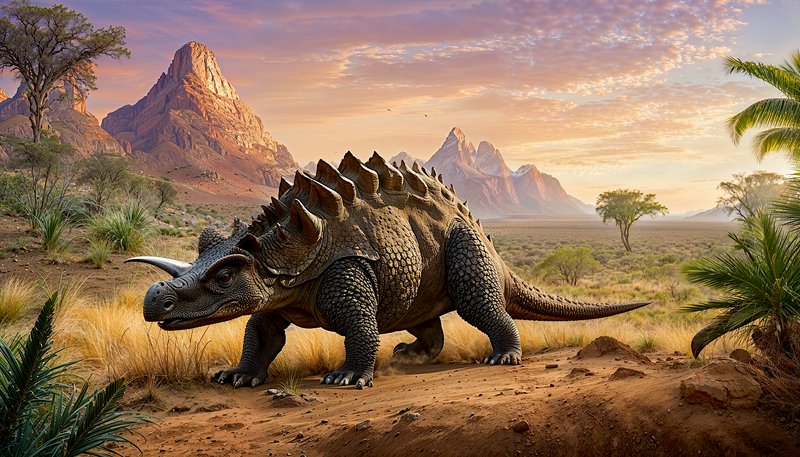 Stegosaurus walking in a desert landscape with mountains at sunset