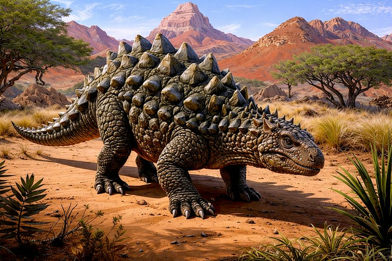 Armored stegosaurus-like dinosaur with prominent plates in a desert landscape