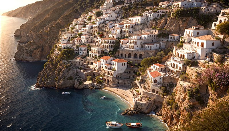 Cliffside coastal village with white Mediterranean houses along a rocky shoreline and turquoise sea.
