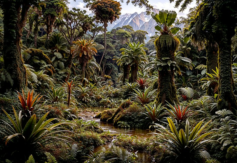 Lush tropical rainforest with towering palms, bromeliads, and a winding stream.