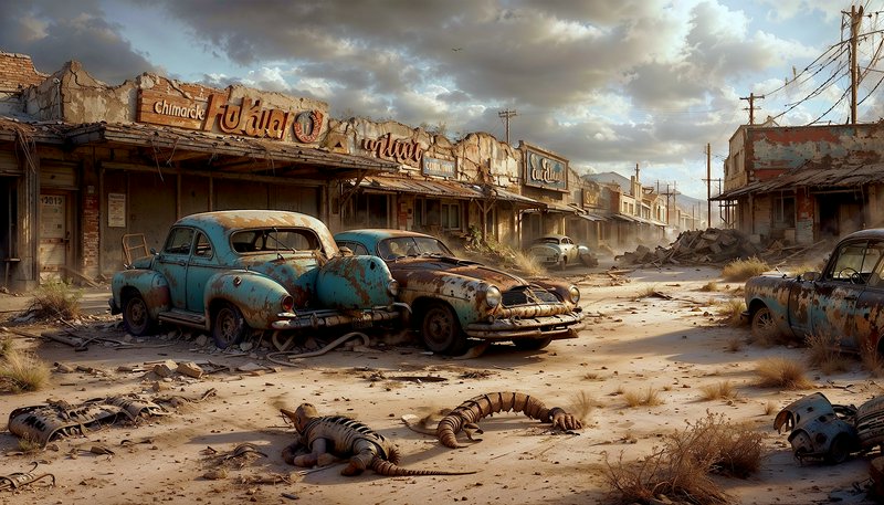 Deserted, dilapidated street with rusted vintage cars and ruined storefronts