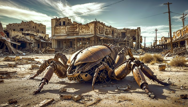 Desert post-apocalyptic street with a large rusted robotic scorpion amid rubble.