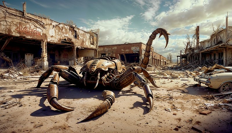 Massive rusted mechanical scorpion robot in a deserted ruined town.