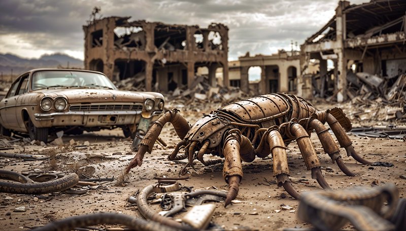 Rusty mechanical scorpion in a devastated urban ruin with an abandoned vintage car