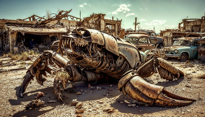 Rusted mechanical crab robot in a desert junkyard with ruined cars and rubble.