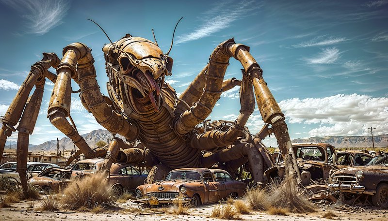 Giant rusted mechanical scorpion looming over abandoned cars in a desert wasteland